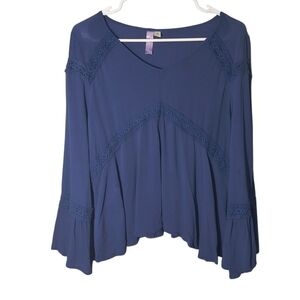 Alya Blue Oversized Medium Lace Accentef Long Bell Sleeve Peasant Babydoll Top